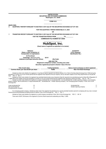 Thumbnail HubSpot 10-Q Quarterly Report FY2020 