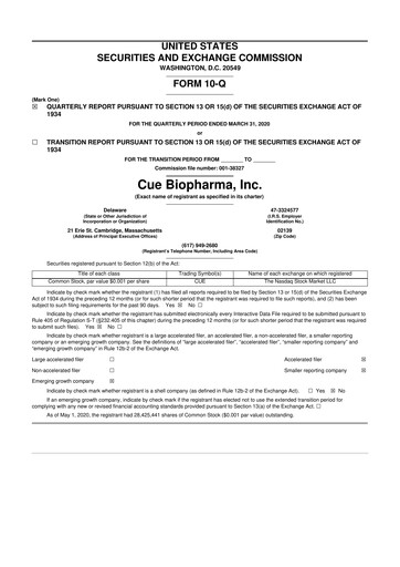 Vorschaubild Cue Biopharma 10-Q Quartalsbericht 2020 