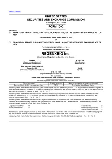 Miniature REGENXBIO 10-Q Rapport trimestriel  