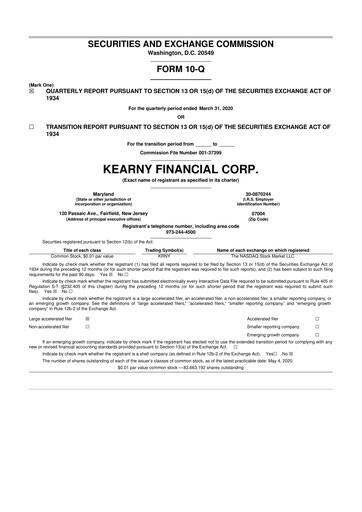 Miniature Kearny Financial
 10-Q Rapport trimestriel 2020 
