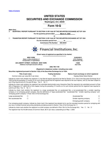 Thumbnail Financial Institutions 10-Q Quarterly Report FY 
