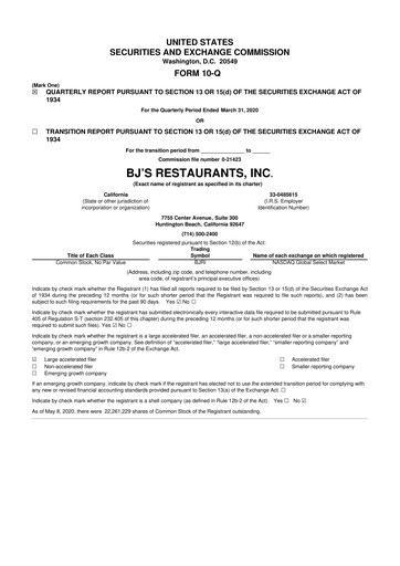 Thumbnail BJ's Restaurants
 10-Q Quarterly Report FY 