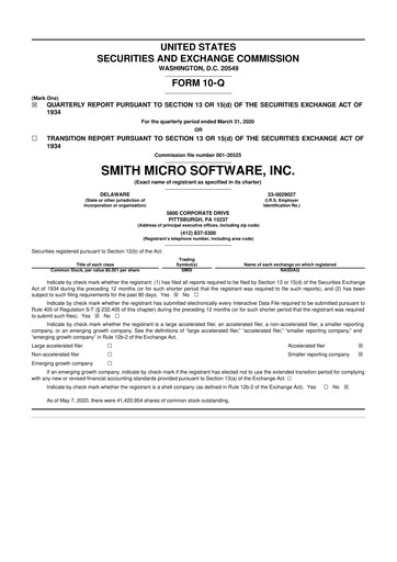 Miniature Smith Micro Software
 10-Q Rapport trimestriel 2020 
