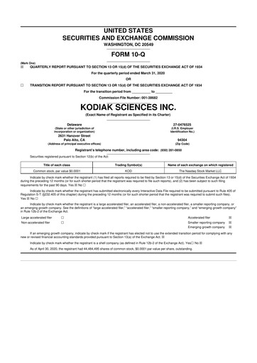Miniature Kodiak Sciences
 10-Q Rapport trimestriel  