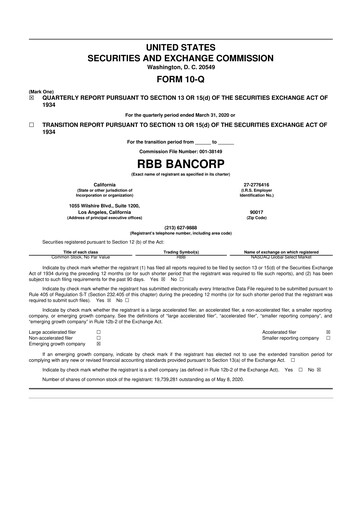 Thumbnail RBB Bancorp 10-Q Quarterly Report FY2020 