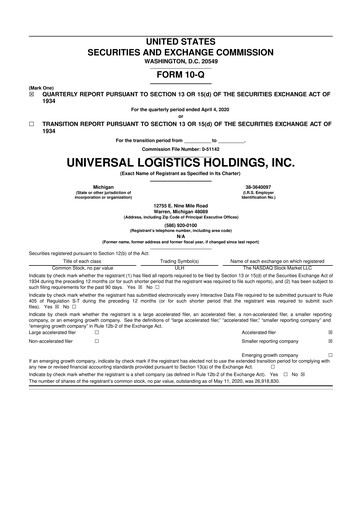 Thumbnail Universal Logistics Holdings 10-Q Quarterly Report FY2020 