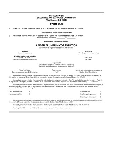 Thumbnail Kaiser Aluminum
 10-Q Quarterly Report FY2020 