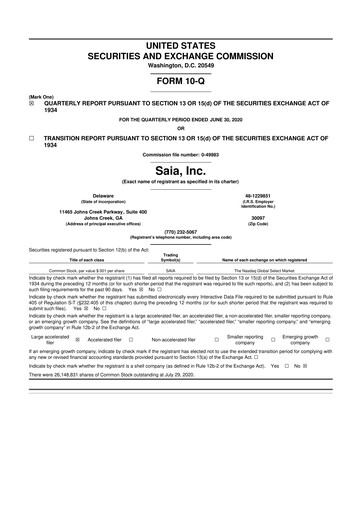 Thumbnail Saia
 10-Q Quarterly Report FY2020 