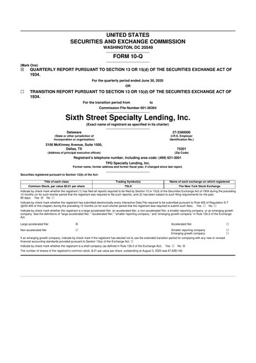 Thumbnail Sixth Street Specialty Lending 10-Q Quarterly Report FY 