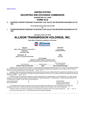 Thumbnail Allison Transmission
 10-Q Quarterly Report FY2020 