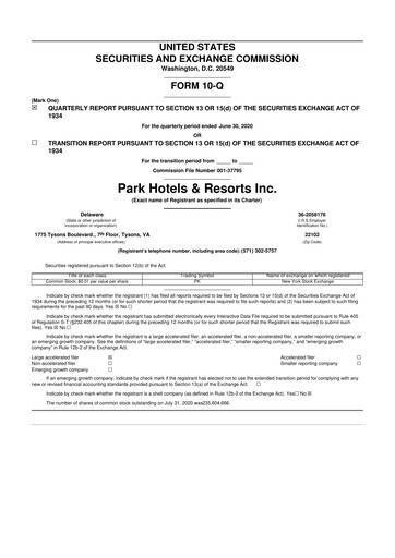 Thumbnail Park Hotels & Resorts

 10-Q Quarterly Report FY2020 