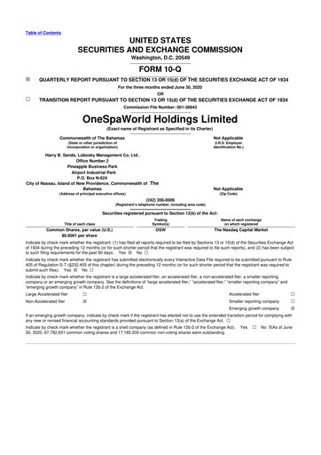 Thumbnail OneSpaWorld 10-Q Quarterly Report FY2020 