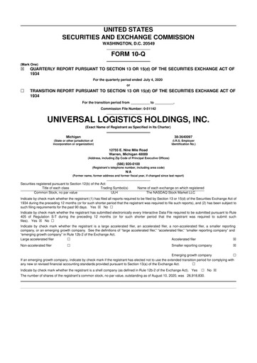 Thumbnail Universal Logistics Holdings 10-Q Quarterly Report FY2020 