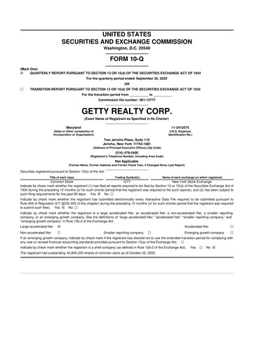 Thumbnail Getty Realty 10-Q Quarterly Report FY2020 