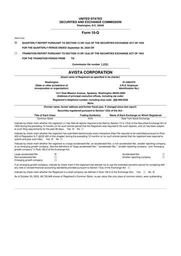 Thumbnail Avista
 10-Q Quarterly Report FY 