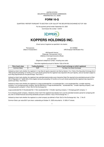 Vorschaubild Koppers Holdings 10-Q Quartalsbericht 2020 