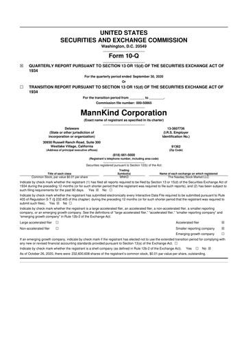Thumbnail MannKind Corp 10-Q Quarterly Report FY2020 
