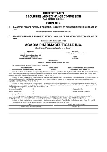 Thumbnail ACADIA Pharmaceuticals 10-Q Quarterly Report FY 