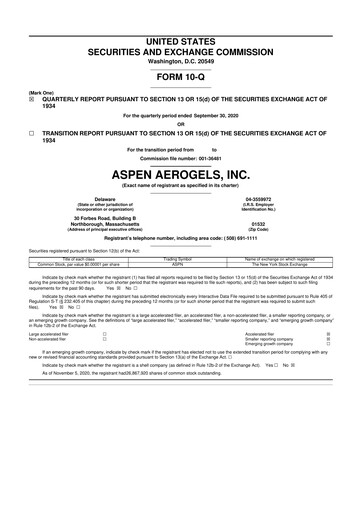 Miniature Aspen Aerogels 10-Q Rapport trimestriel 2020 