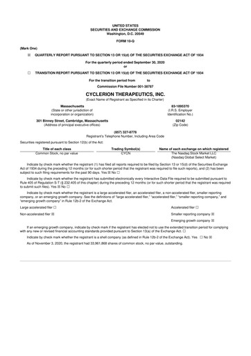 Miniature Cyclerion Therapeutics
 10-Q Rapport trimestriel 2020 