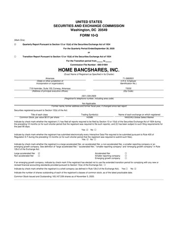 Thumbnail Home BancShares
 10-Q Quarterly Report FY2020 