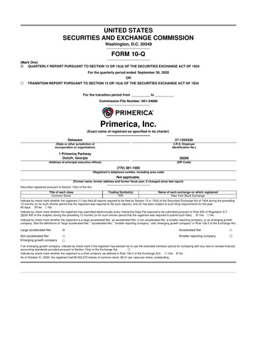 Thumbnail Primerica
 10-Q Quarterly Report FY2020 