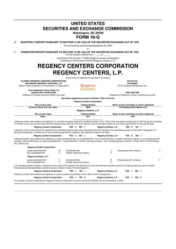 Thumbnail Regency Centers
 10-Q Quarterly Report FY 