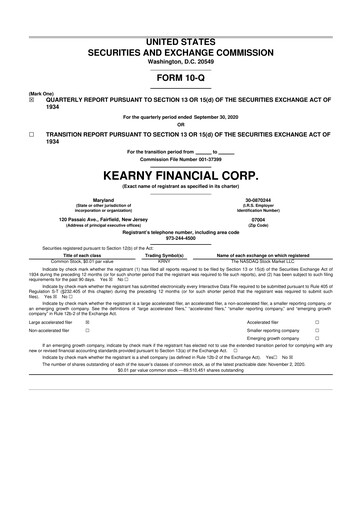 Miniature Kearny Financial
 10-Q Rapport trimestriel 2021 