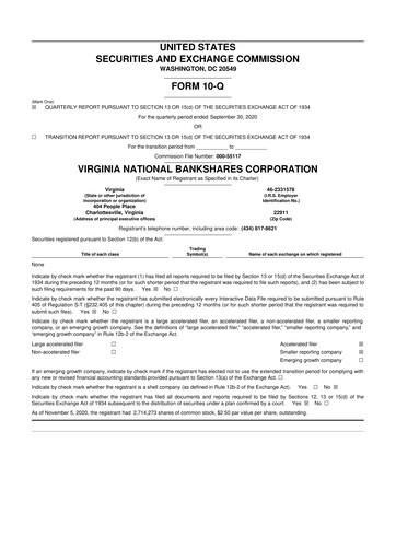 Thumbnail Virginia National Bankshares 10-Q Quarterly Report FY2020 
