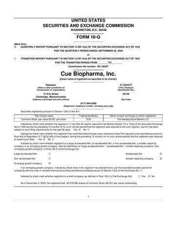 Vorschaubild Cue Biopharma 10-Q Quartalsbericht 2020 