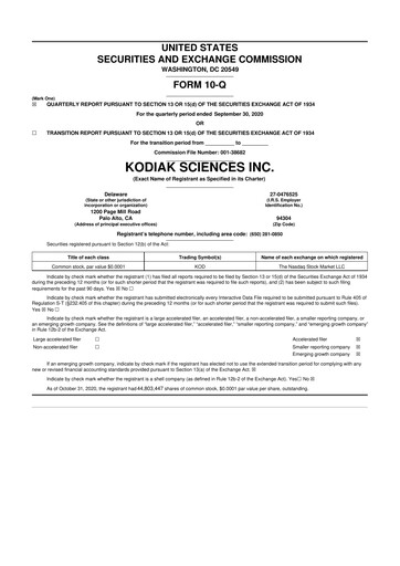 Miniature Kodiak Sciences
 10-Q Rapport trimestriel  