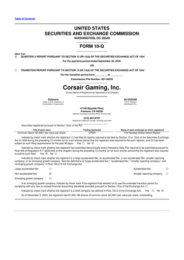 Thumbnail Corsair Gaming
 10-Q Quarterly Report FY2020 