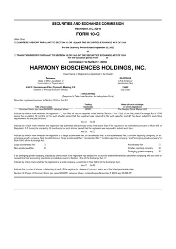 Thumbnail Harmony Biosciences 10-Q Quarterly Report FY 