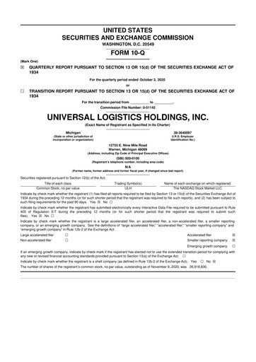 Thumbnail Universal Logistics Holdings 10-Q Quarterly Report FY2020 