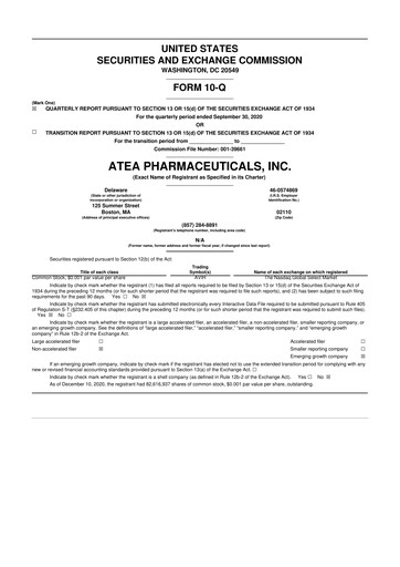 Thumbnail Atea Pharmaceuticals 10-Q Quarterly Report FY2020 