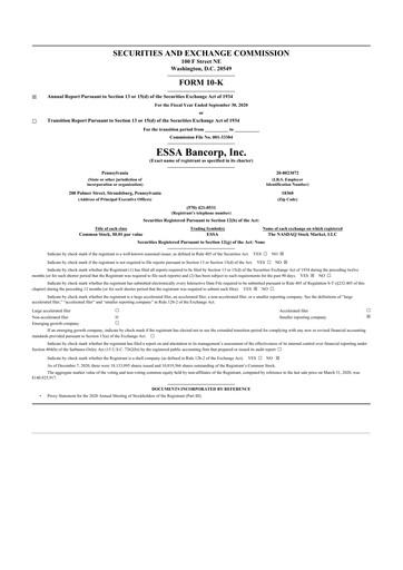 Thumbnail ESSA Bancorp 10-K Annual Report 2020