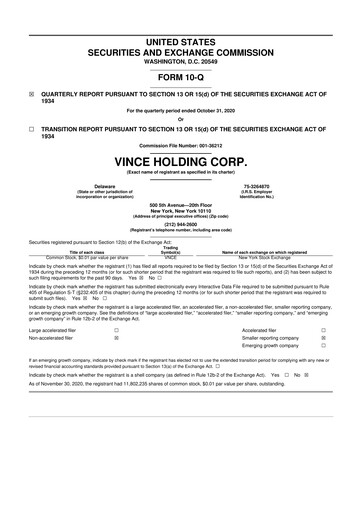 Thumbnail Vince Holding 10-Q Quarterly Report FY2020 