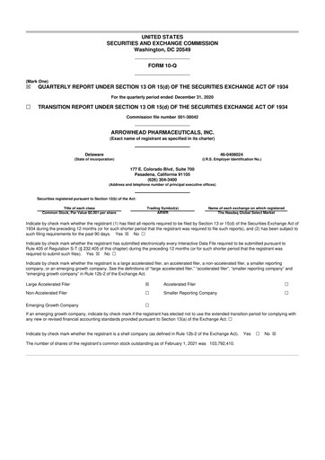 Thumbnail Arrowhead Pharmaceuticals
 10-Q Quarterly Report FY 