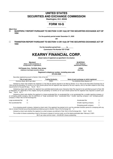 Miniature Kearny Financial
 10-Q Rapport trimestriel 2021 