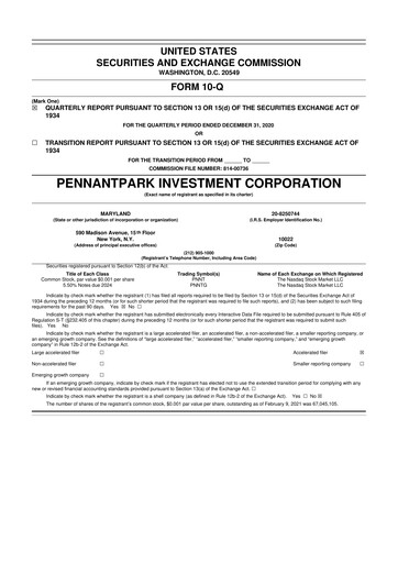 Thumbnail PennantPark Investment 10-Q Quarterly Report FY 