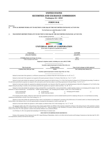 Thumbnail Universal Display Corporation
 10-K Annual Report 2020