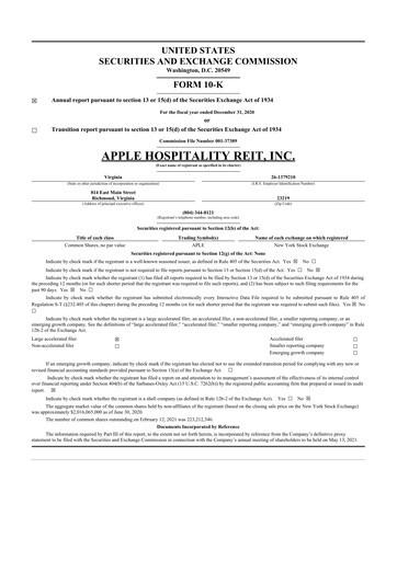 Thumbnail Apple Hospitality REIT
 10-K Annual Report 2020