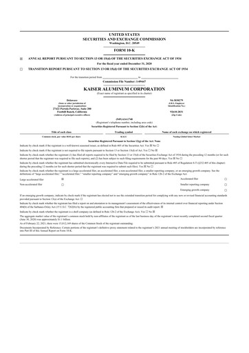 Thumbnail Kaiser Aluminum
 10-K Annual Report 2020