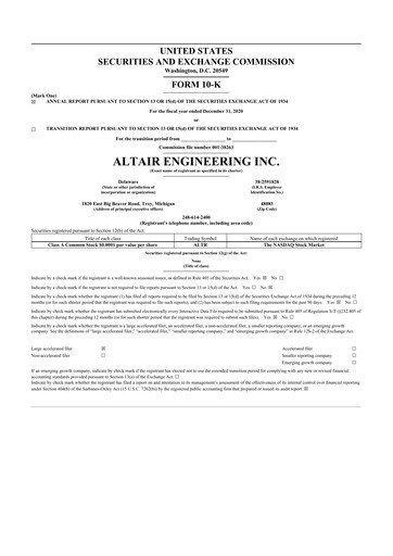 Thumbnail Altair Engineering
 10-K Annual Report 2020