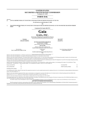 Thumbnail Gaia 10-K Annual Report 2020