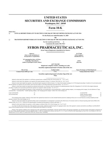 Thumbnail Syros Pharmaceuticals
 10-K Annual Report 2020