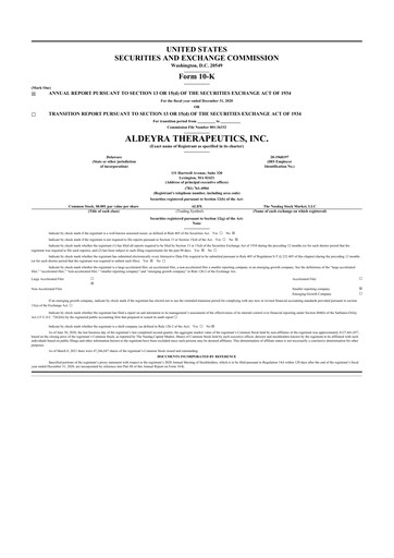 Miniature Aldeyra Therapeutics
 10-K Rapport annuel 