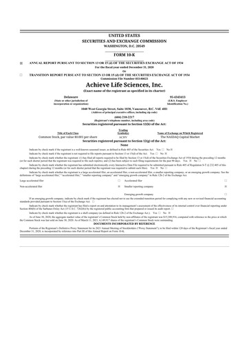 Thumbnail Achieve Life Sciences
 10-K Annual Report 2020