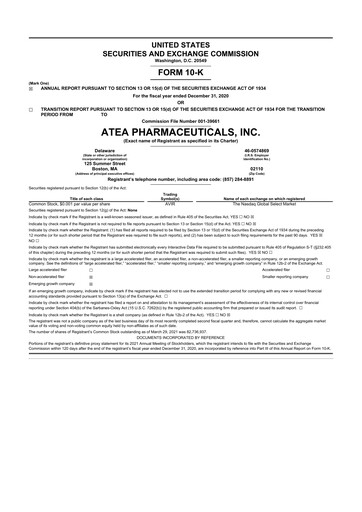 Thumbnail Atea Pharmaceuticals 10-K Annual Report 2020