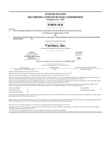 Miniature Vaccinex 10-K Rapport annuel 2020